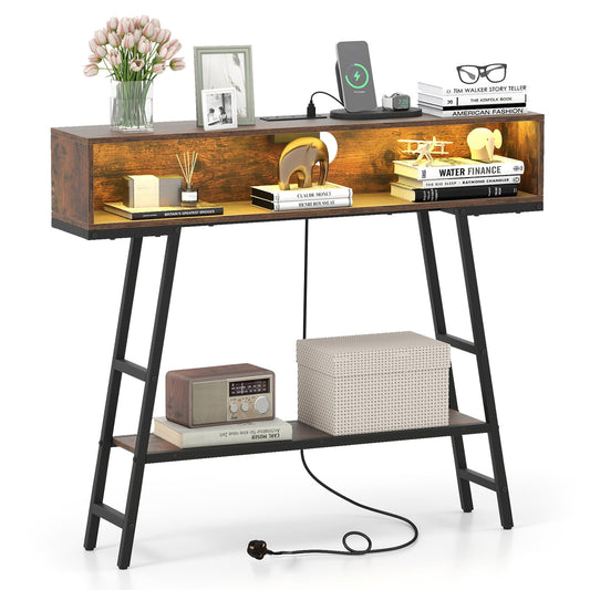 Console Table with LED Lights and Charging Station, 3-Tier Narrow Entryway Table with Storage Shelves