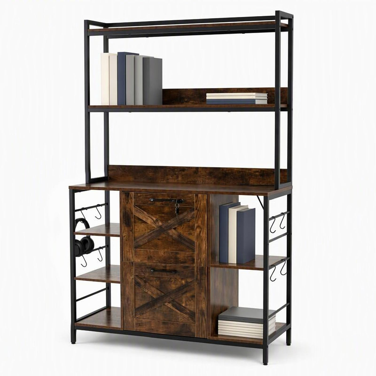 156CM Tall Bookcase with Charging Station, 2 Drawers, Rustic Brown