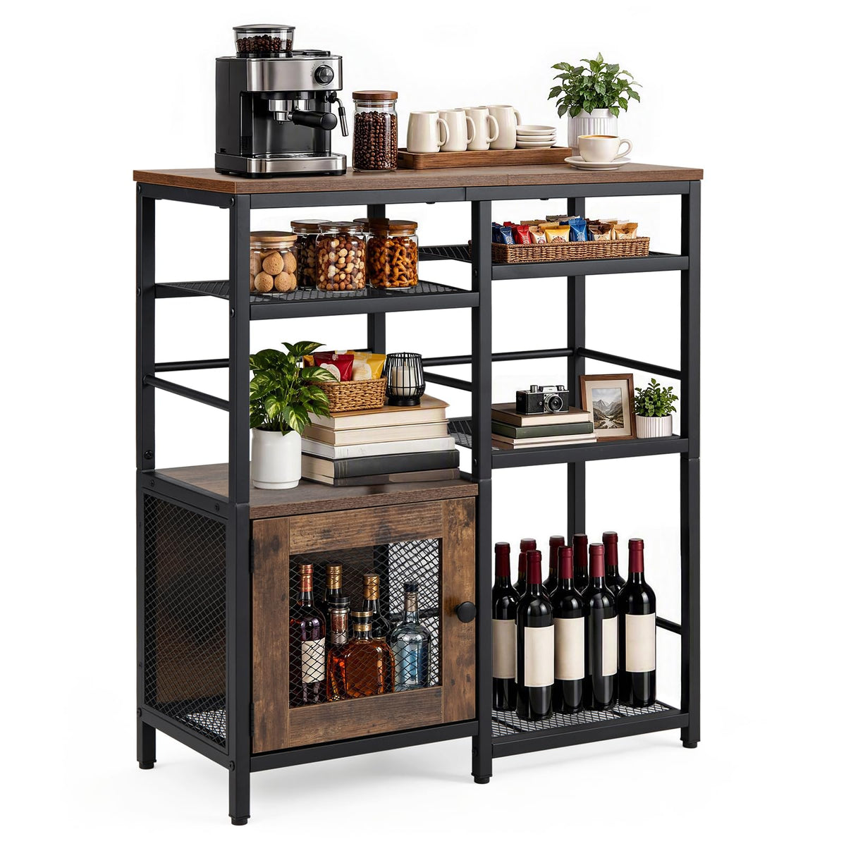 Industrial Coffee Bar Cabinet with Storage & Open Shelves