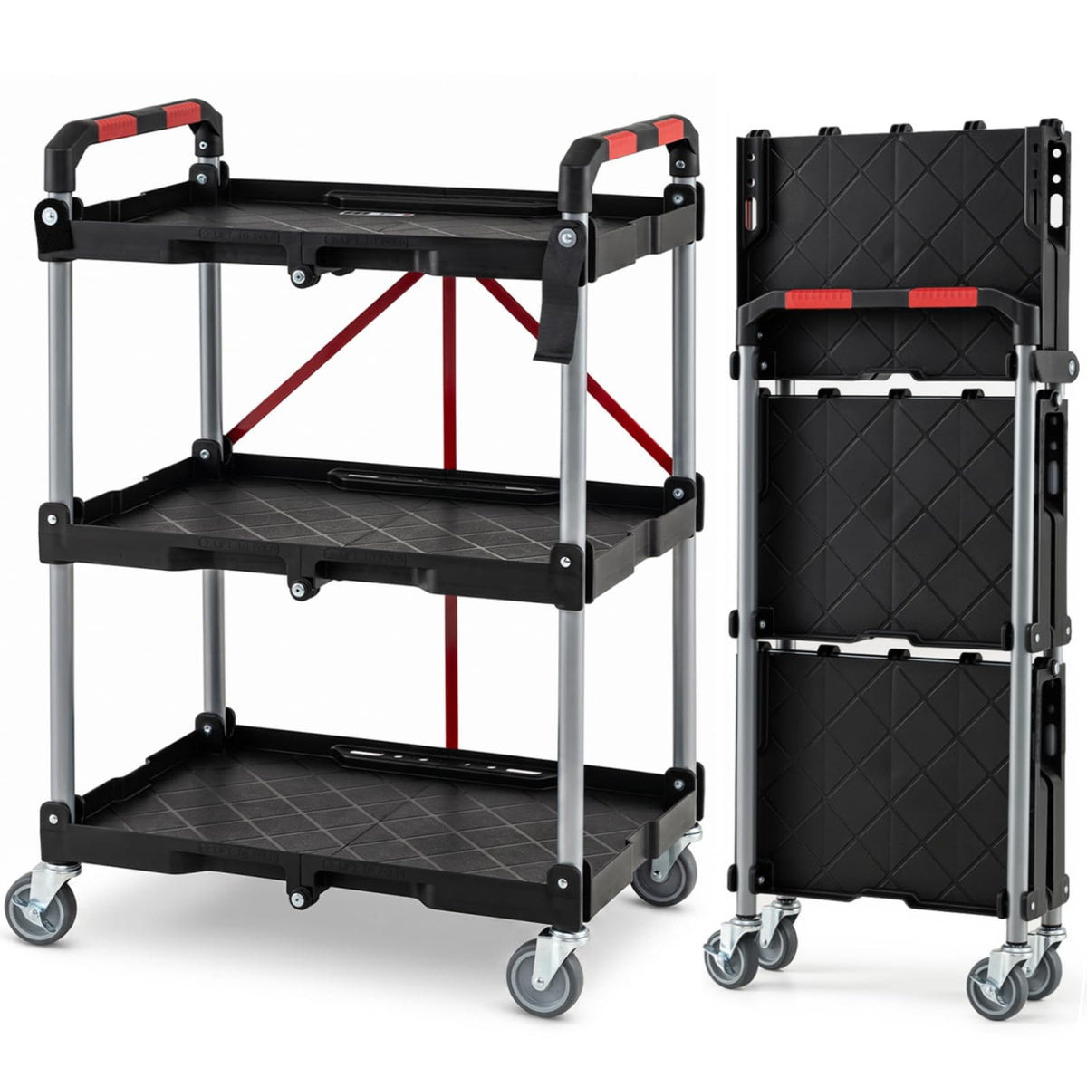 3-Tier Folding Utility Cart with 360° Swivel Wheels for Garage