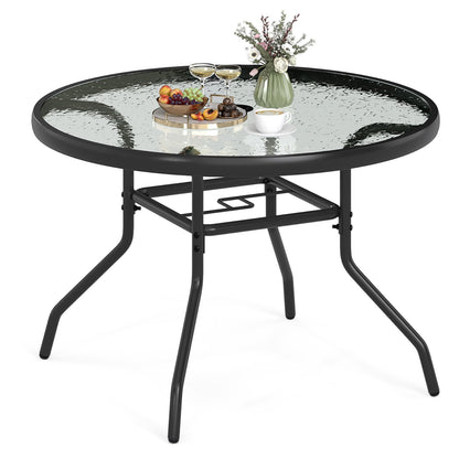 70cm Patio Side Table, Round Outdoor Coffee Table with Tempered Glass Tabletop