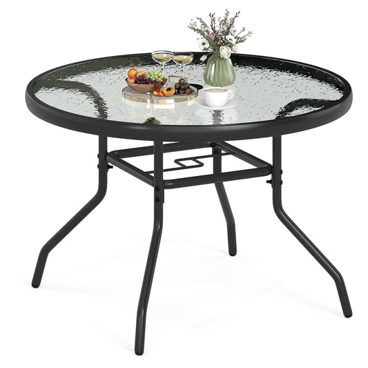 70cm Patio Side Table, Round Outdoor Coffee Table with Tempered Glass Tabletop