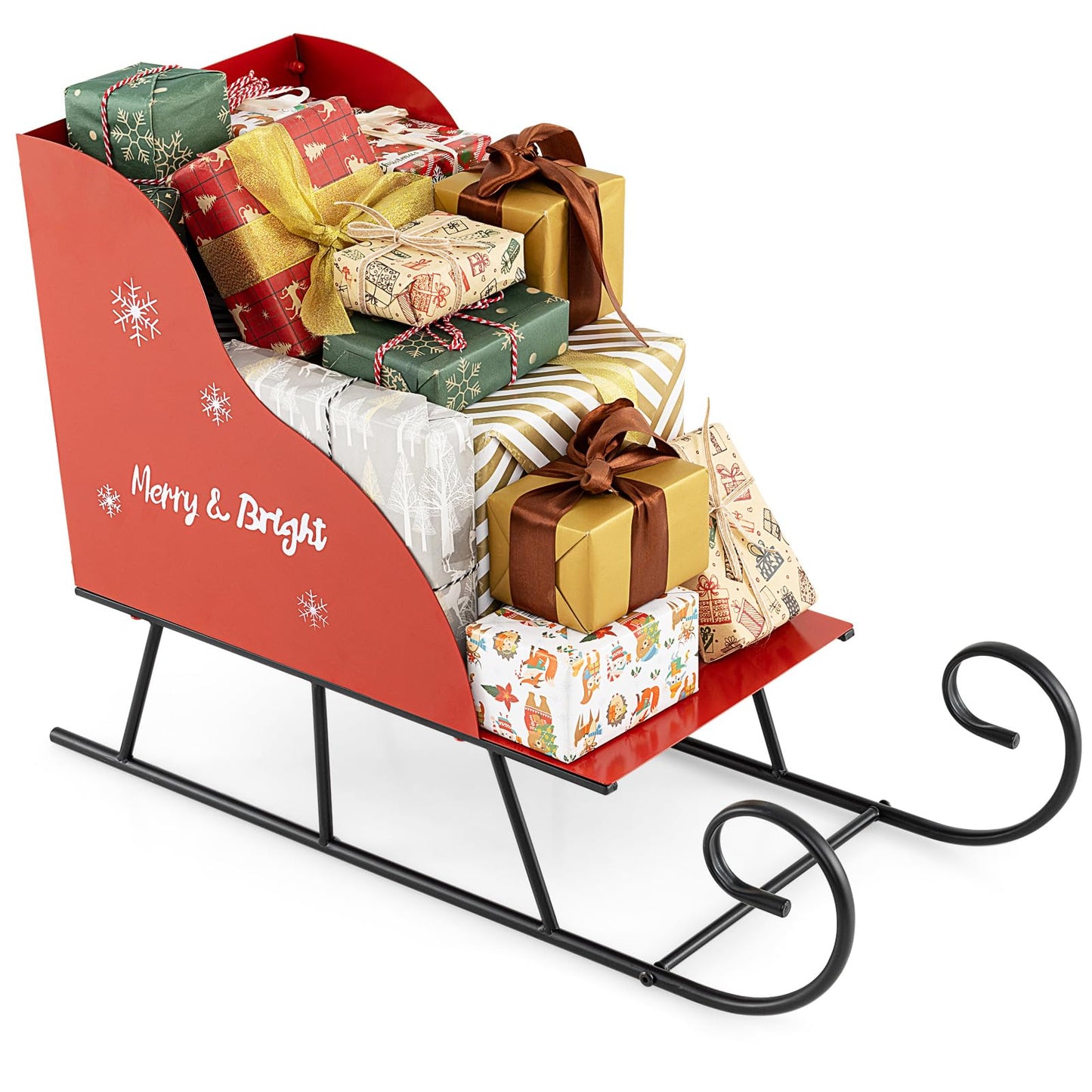 Red Christmas Santa Sleigh, Metal Xmas Decoration with 1/2-Tier Storage Shelf