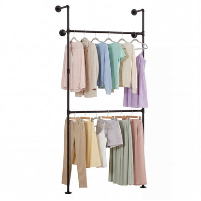 Telescopic Clothes Rail, 2-Tier Walk-in Closet System Open Wardrobe Organiser with 2/4 Hanging Rails
