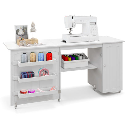 Rolling Folding Sewing Table with Storage Shelves