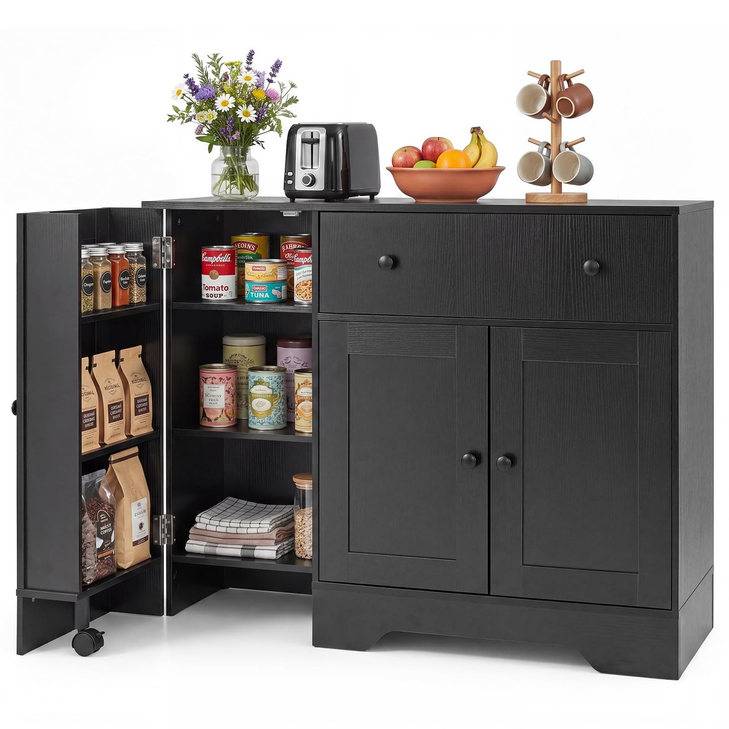 Storage Cabinet with 3 Doors, 3-Tier Side Rack & Lockable Wheel