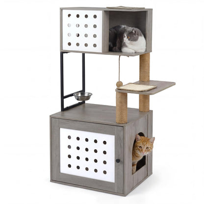 Cat Litter Box Enclosure Cat Tree Play Tower| Cats House Activity Center Hidden Washroom Toilet