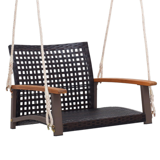 Rattan Porch Swing with Acacia Wood Armrests
