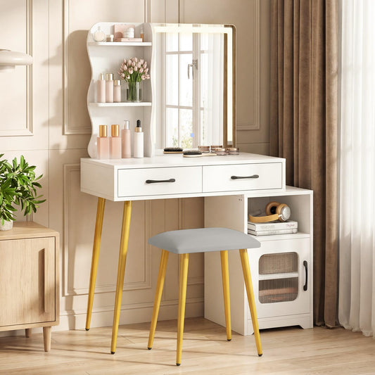 Dressing Table with LED Mirror and Stool, Makeup Table Vanity Desk Set