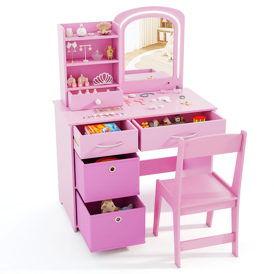Kids Vanity Set with Lighted Mirror and Storage Drawers