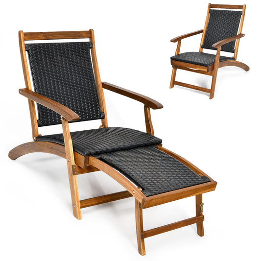 Acacia Wood Rattan Deck Chair with Retractable Footrest