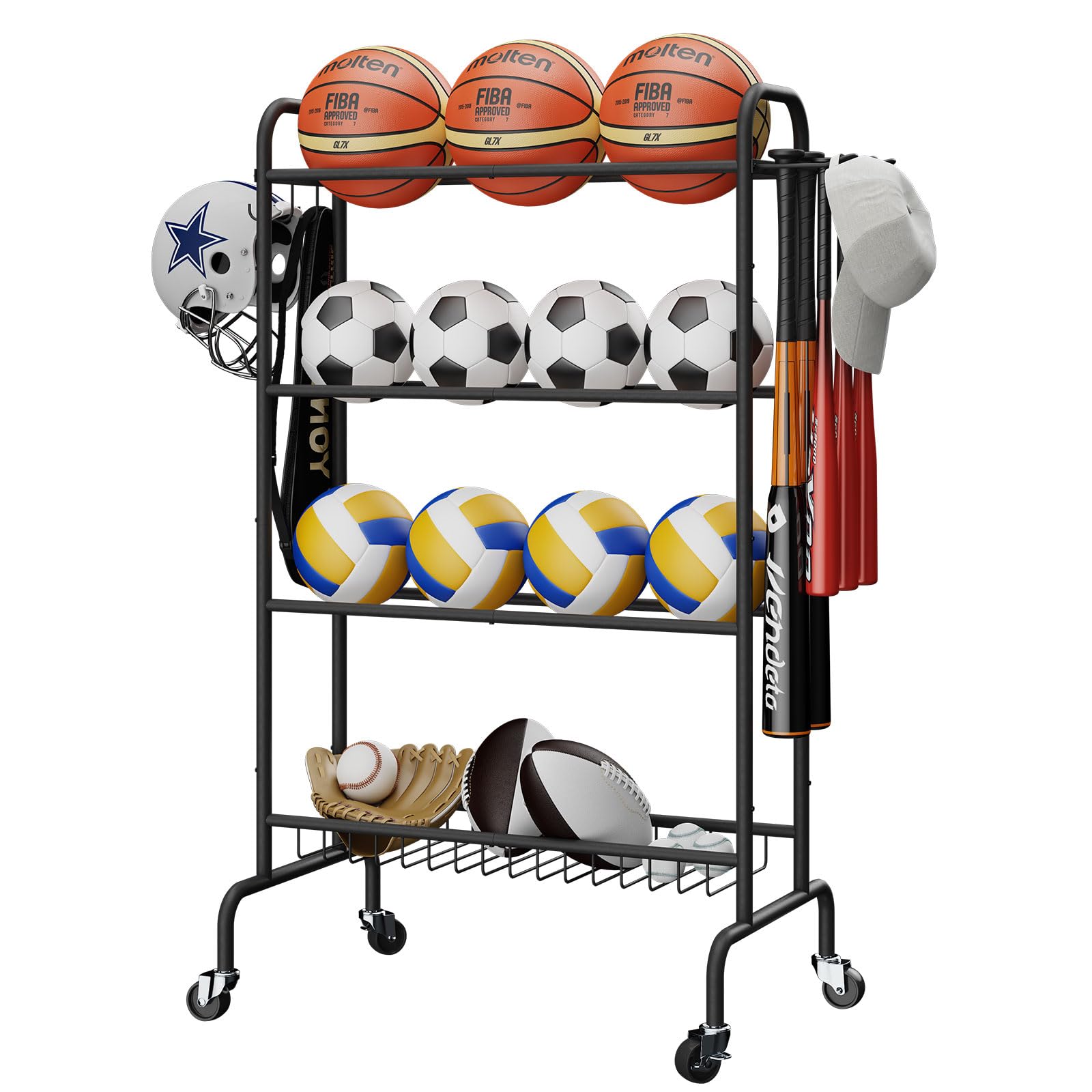 Basektball Rack Ball Storage Rack, 4-Layers Rolling Basketball Football Rack with Whee ...