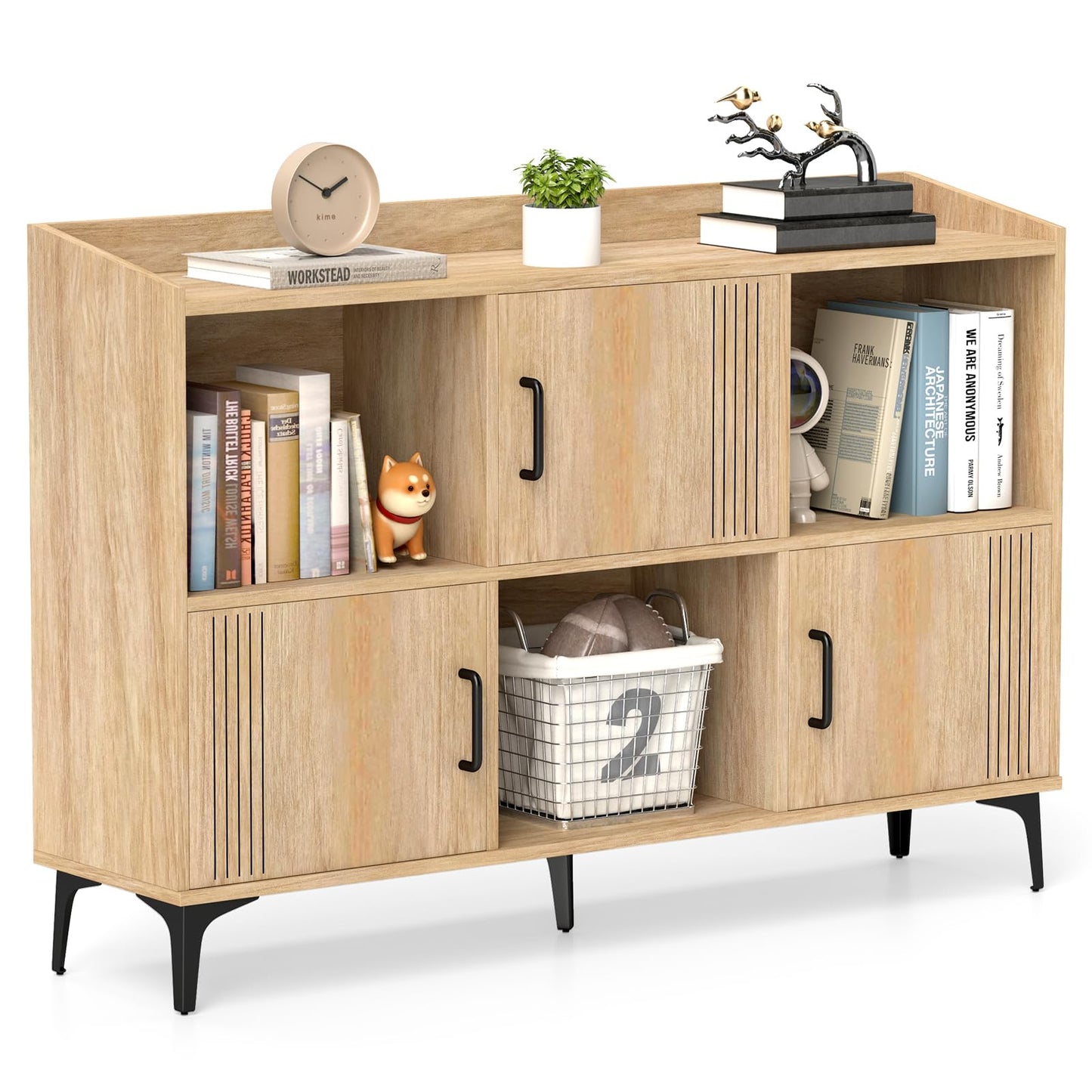 Sideboard Storage Cabinet Bookcase with 3 Doors and Open Compartments