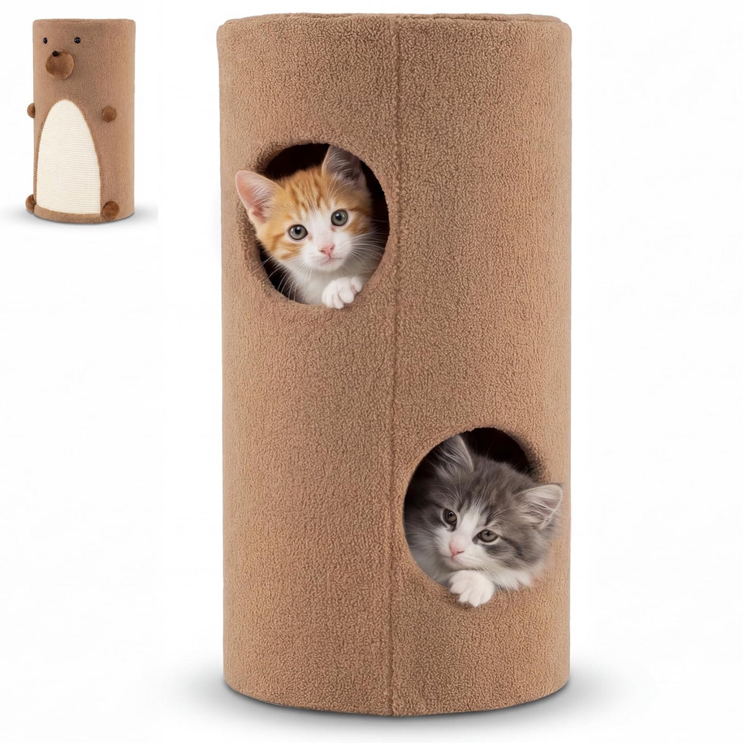2-Tier Cat House for Indoor Cats with Sisal Scratching Mat Hideaway Cave and Bear Accents