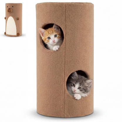 2-Tier Cat House for Indoor Cats with Sisal Scratching Mat Hideaway Cave and Bear Accents