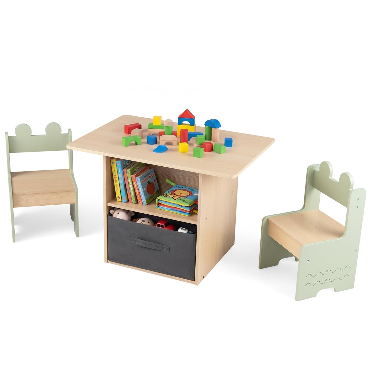 Kids Table and Chairs Set Wooden Toddler Activity Table Set with 2 Open Compartments