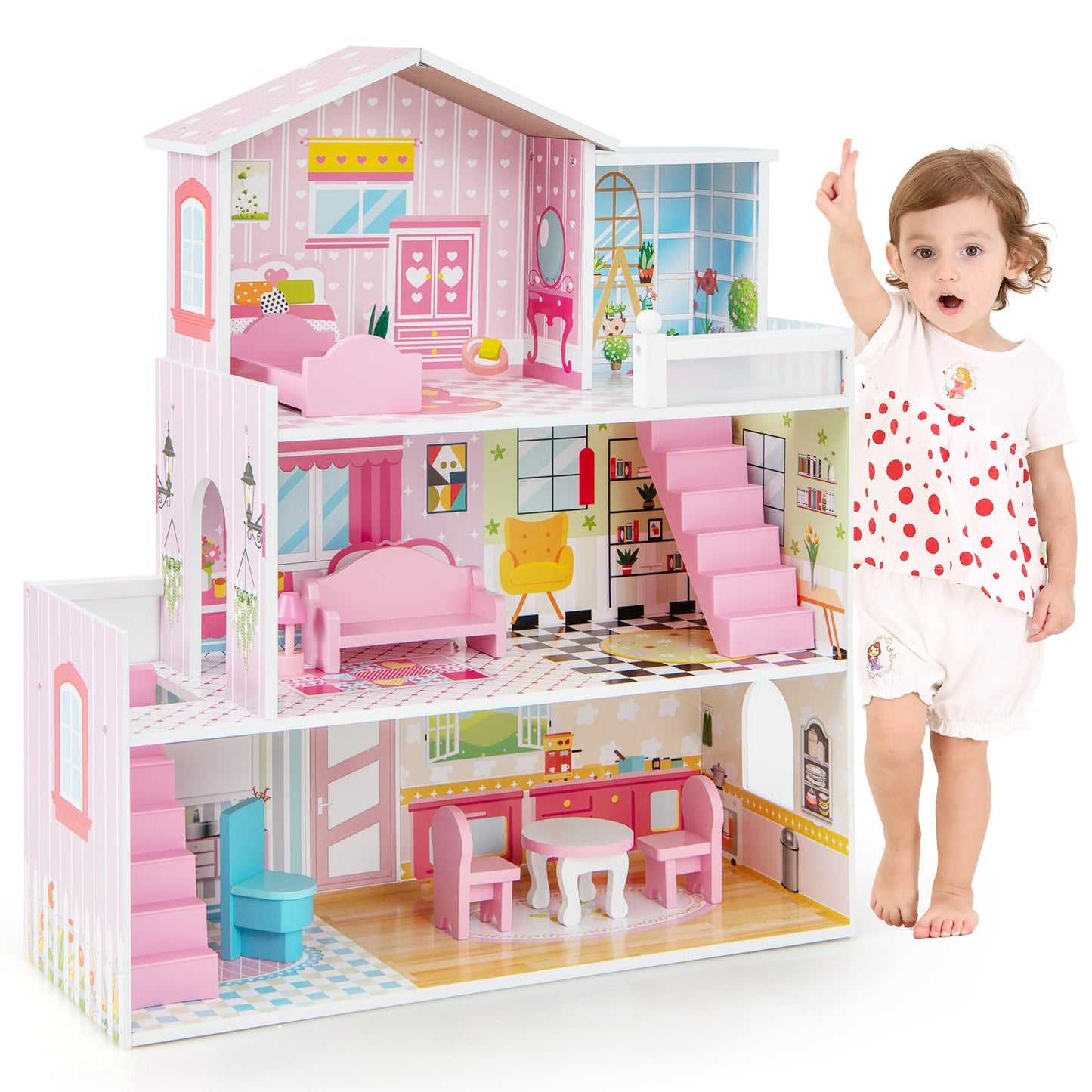 Kids Wooden Dollhouse DIY Pretend for Toddlers 3-7 Years Old