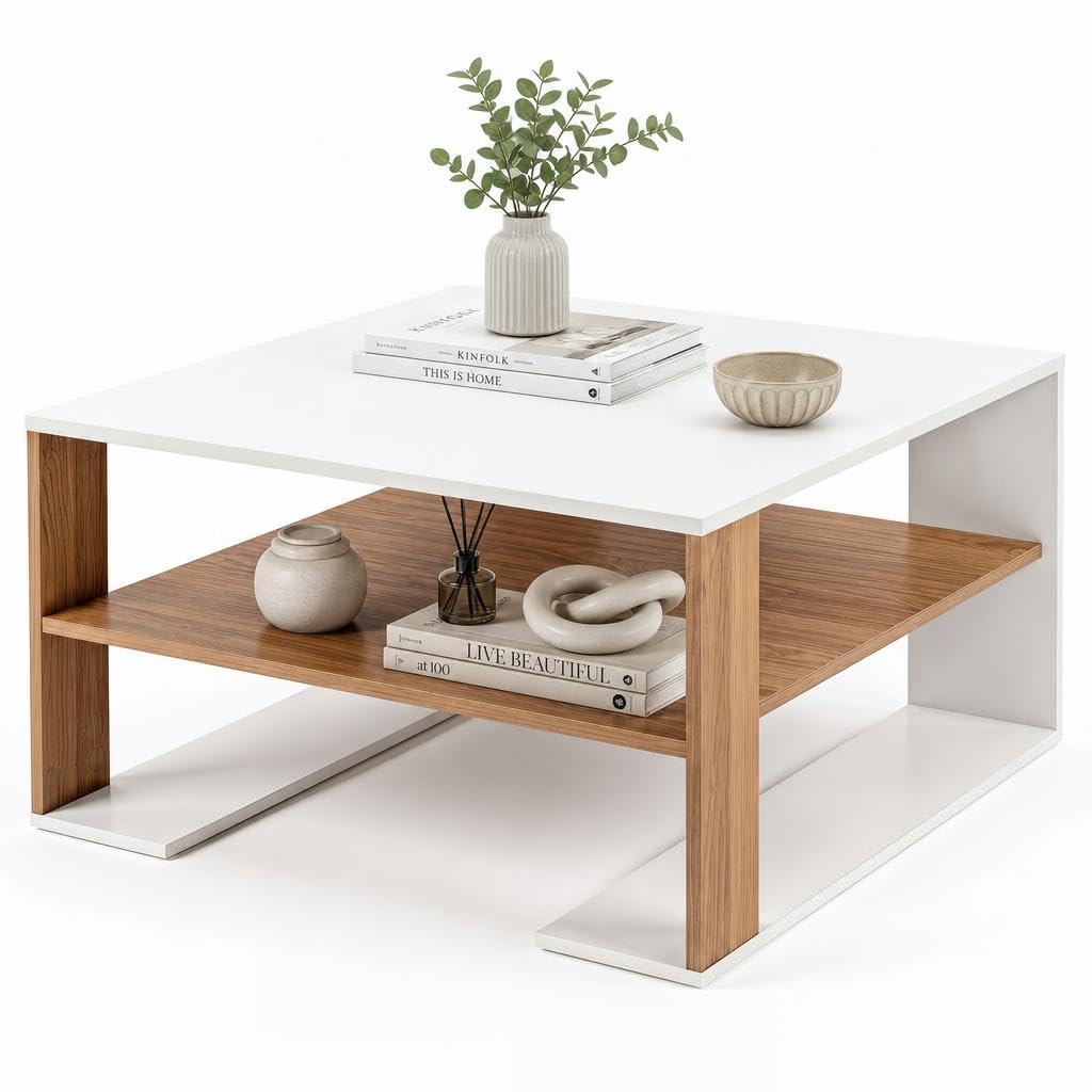 Wooden Square Coffee Table with Storage and Open Shelf for Living Room