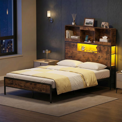 Industrial Metal Platform Bed with LED Lights and Power Outlet