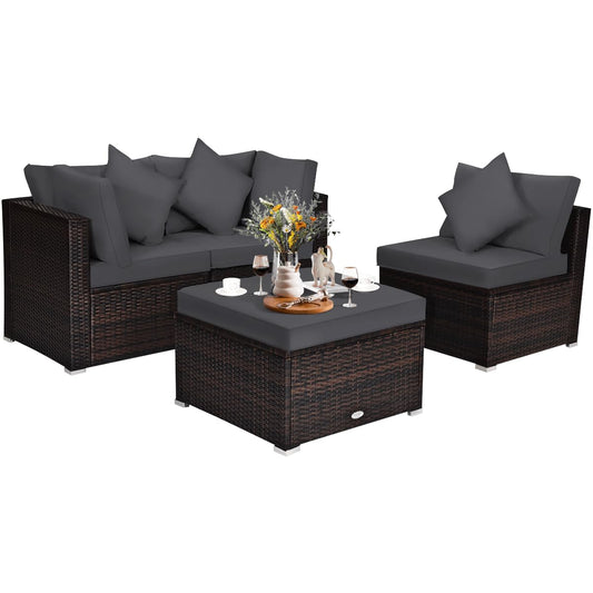 4 Pieces Outdoor Rattan Conversation Set with Removable Cushions and Pillows