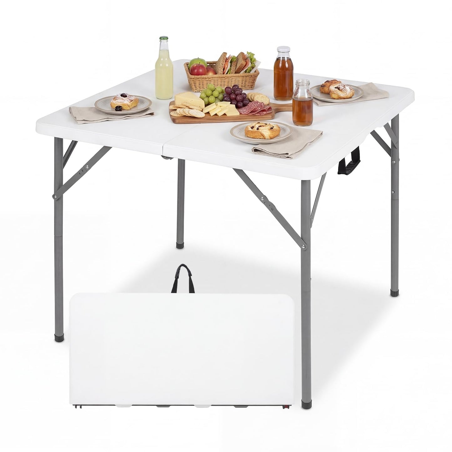 34"(3ft) Folding Table, Fold in Half Square Tables with Handle, Portable Plastic Dining Camping Trestle Table