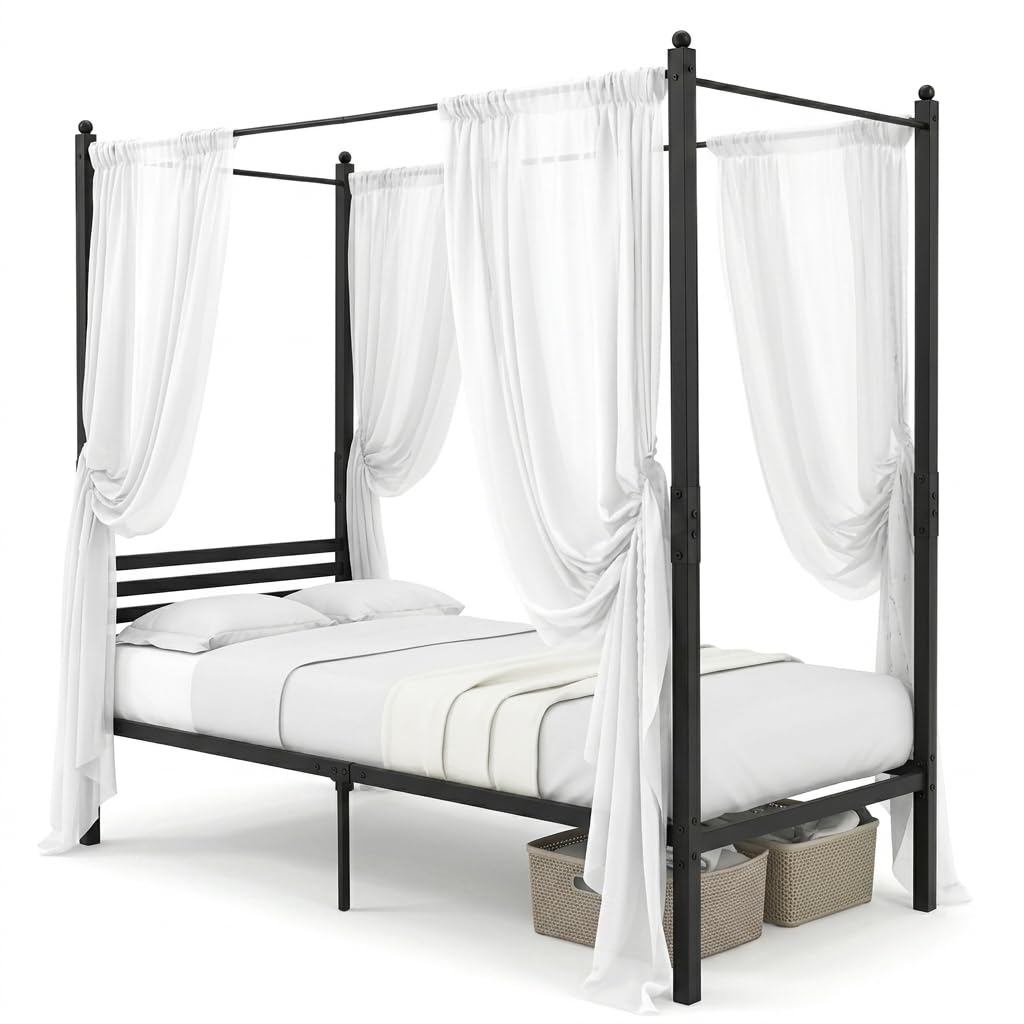 4-Poster Metal Platform Bed with Headboard and Under-Bed Storage