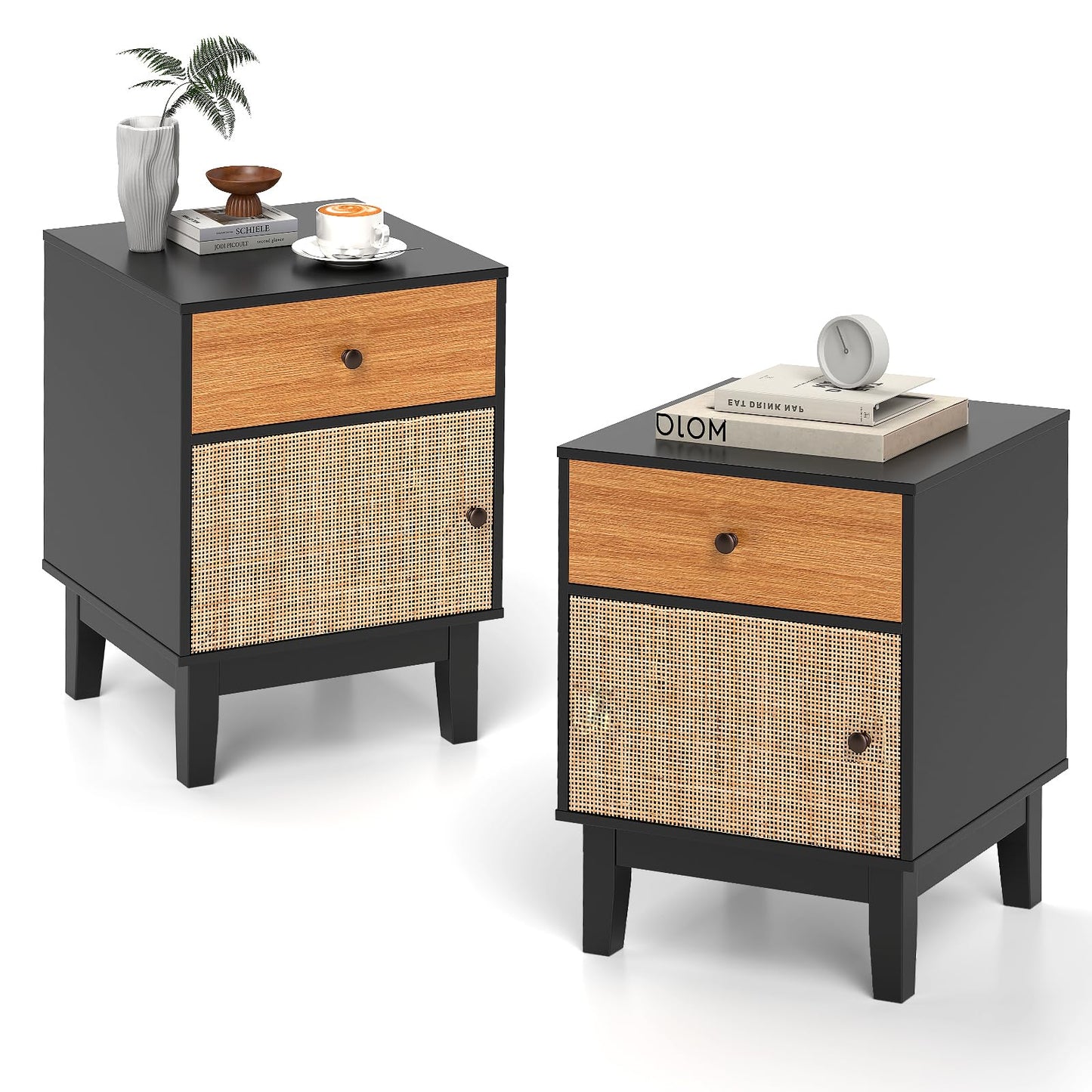 Modern Rattan Nightstand with Storage Drawer and Cabinet