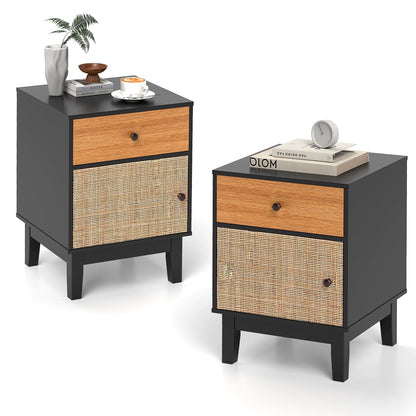 Modern Rattan Nightstand with Storage Drawer and Cabinet