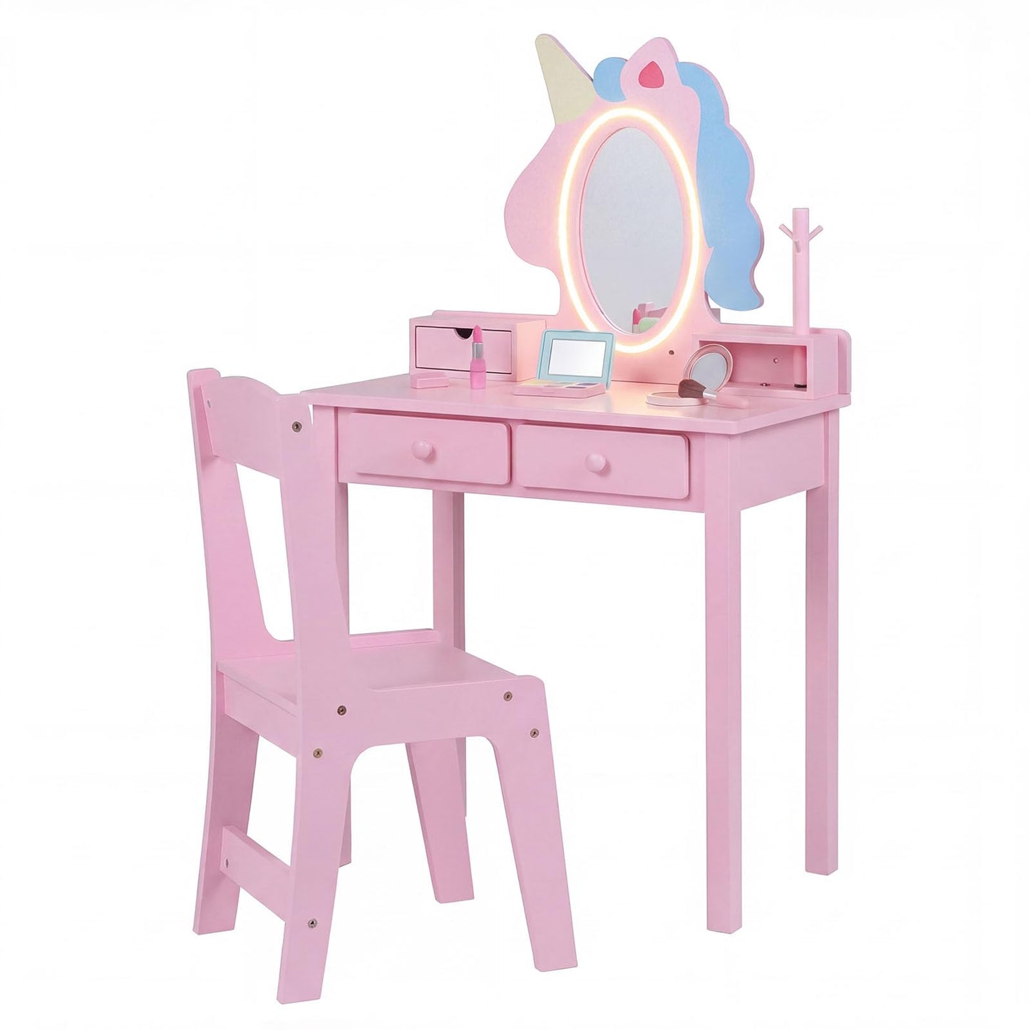 Kids Vanity Set with Lighted Unicorn Mirror & Stool and Jewelry Rack for Girls