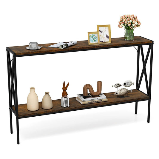 Industrial Console Table 2-Tier Narrow Sofa Table Behind Couch