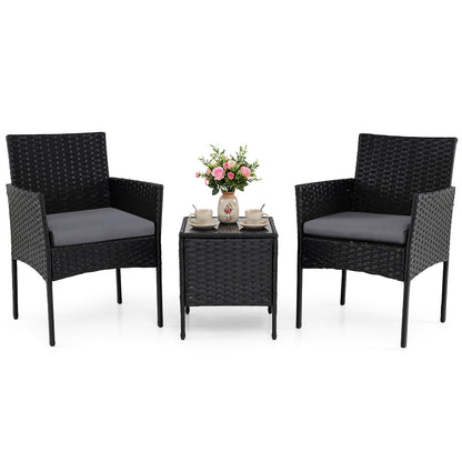 3-Piece Patio Bistro Set, PE Rattan Furniture Set with Soft Cushions & Tempered Glass Top Table