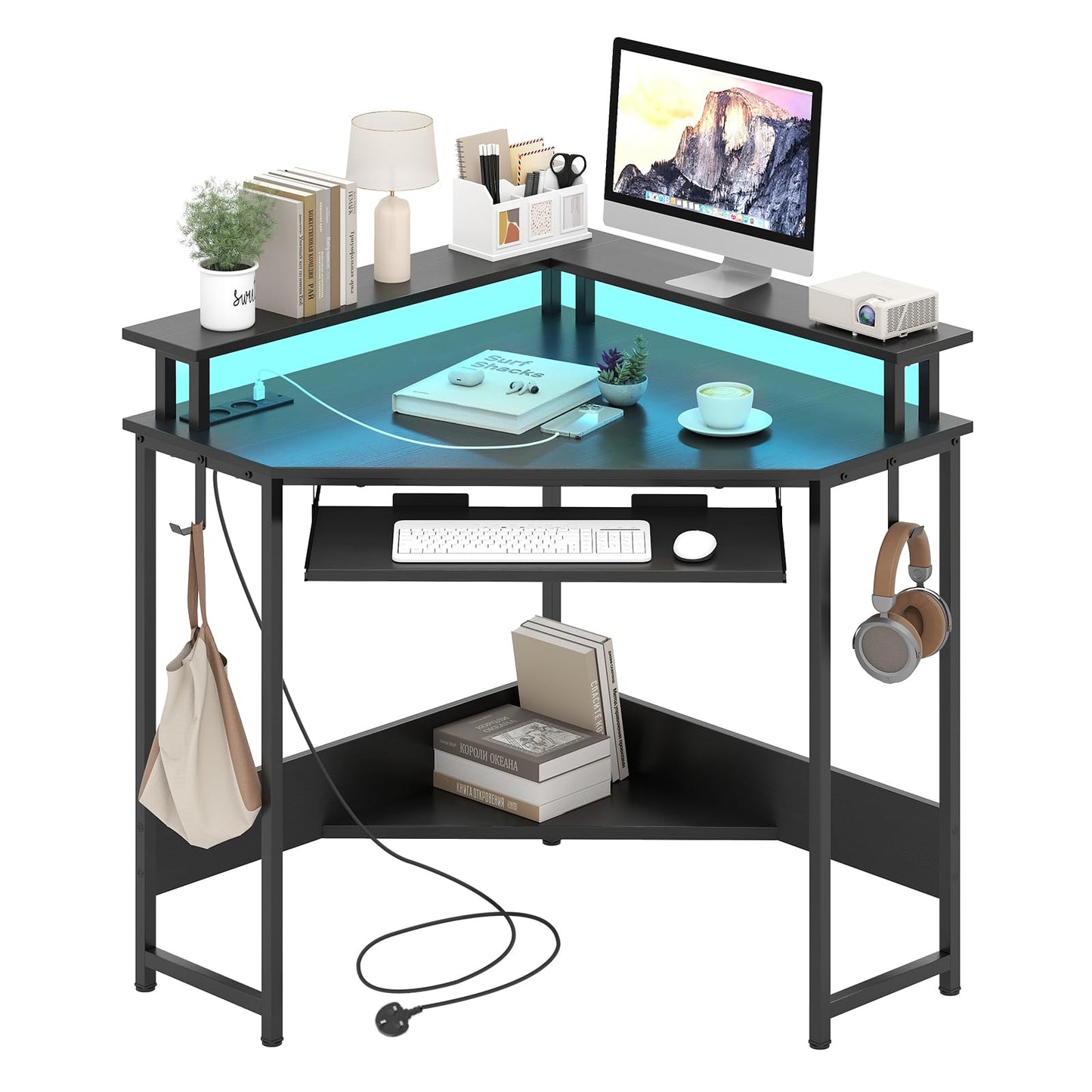 Computer Corner Desk with LED Charging Station and Monitor Stand