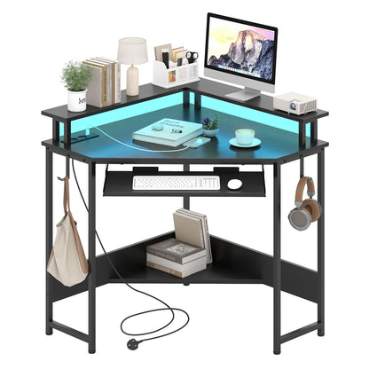 Computer Corner Desk with LED Charging Station and Monitor Stand