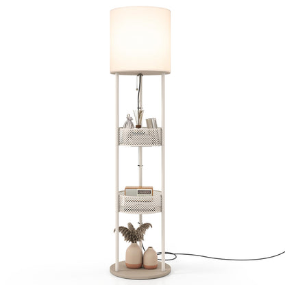 Floor Lamp with 3 Storage Shelves & Linen Fabric Shade