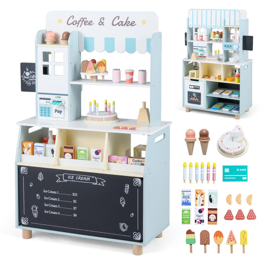 Kids Ice Cream Shop, Wooden Grocery Store Playset with 27 Accessories