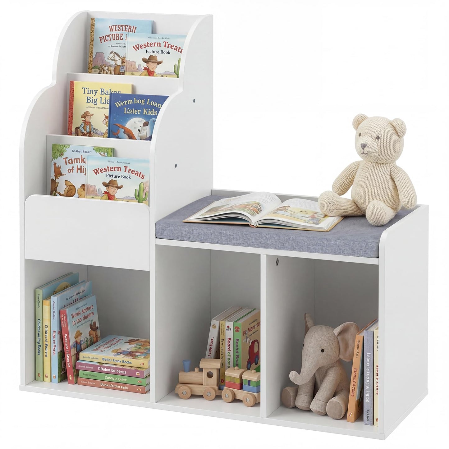Kids Reading Nook with Bench Wooden Toddler Bookcase with 3 Storage Cubbies