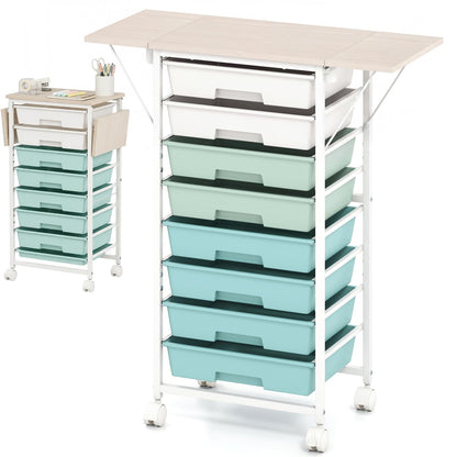 8 Drawers Storage Trolley with Wooden Top & Foldable Side Panels