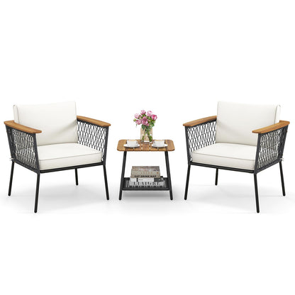 3 Piece Patio Furniture Set with Acacia Wood Armrests and Tabletop