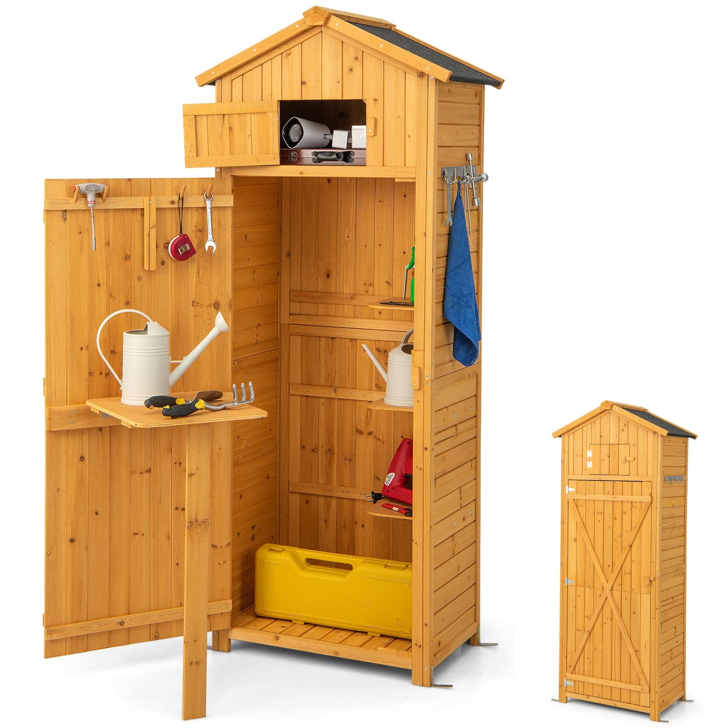 GiantexUK Garden Shed Fir Wood Tool Storage Cabinet with Slope Roof
