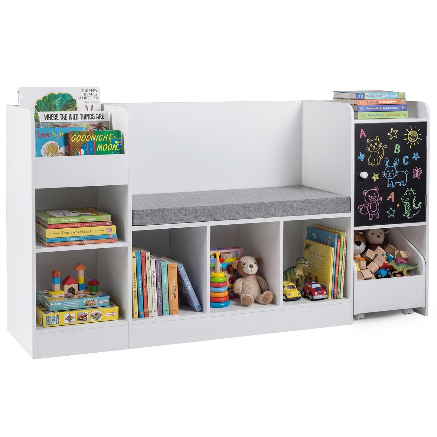 Kids Bookcase and Bookshelf with Reading Nook Toy Storage Organizer with Padded Seat Cushion