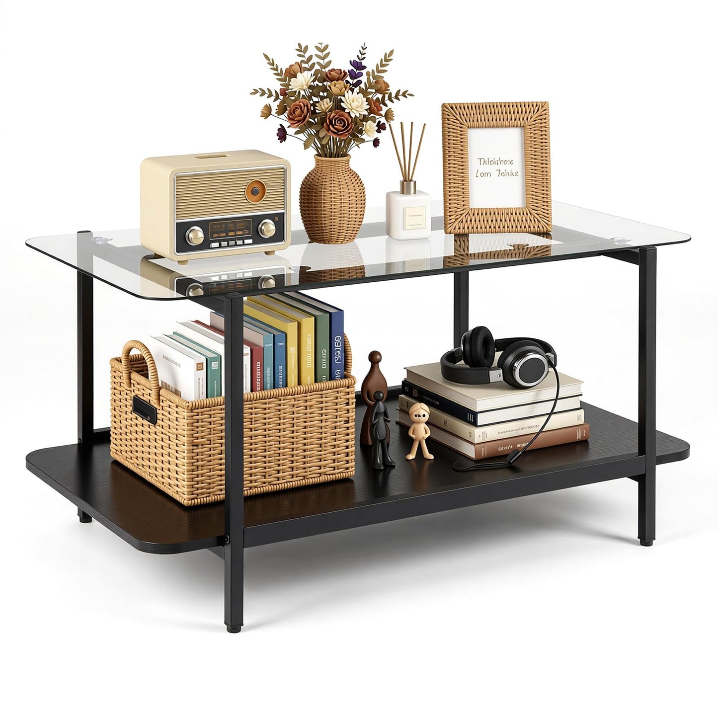 2-Tier Coffee Table, Tempered Glass Center Table with Storage Shelf