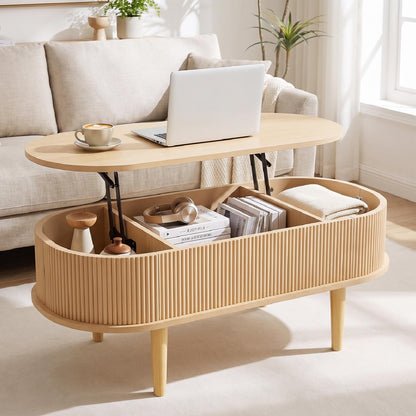 Oval Lift Top Coffee Table with Storage Fluted Design and Raised Wood Feet