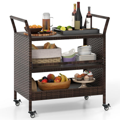 Outdoor Bar Cart 3-Tier Patio Rattan Storage Shelf with Lockable Universal Wheels