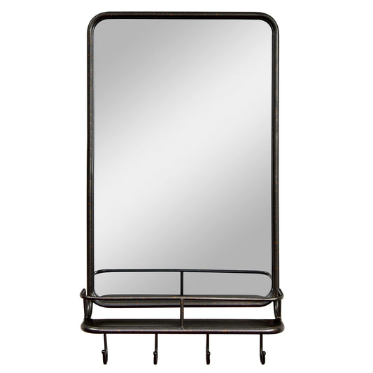 Wall-Mounted Rectangular Bathroom Mirror with Storage Shelf and Hooks