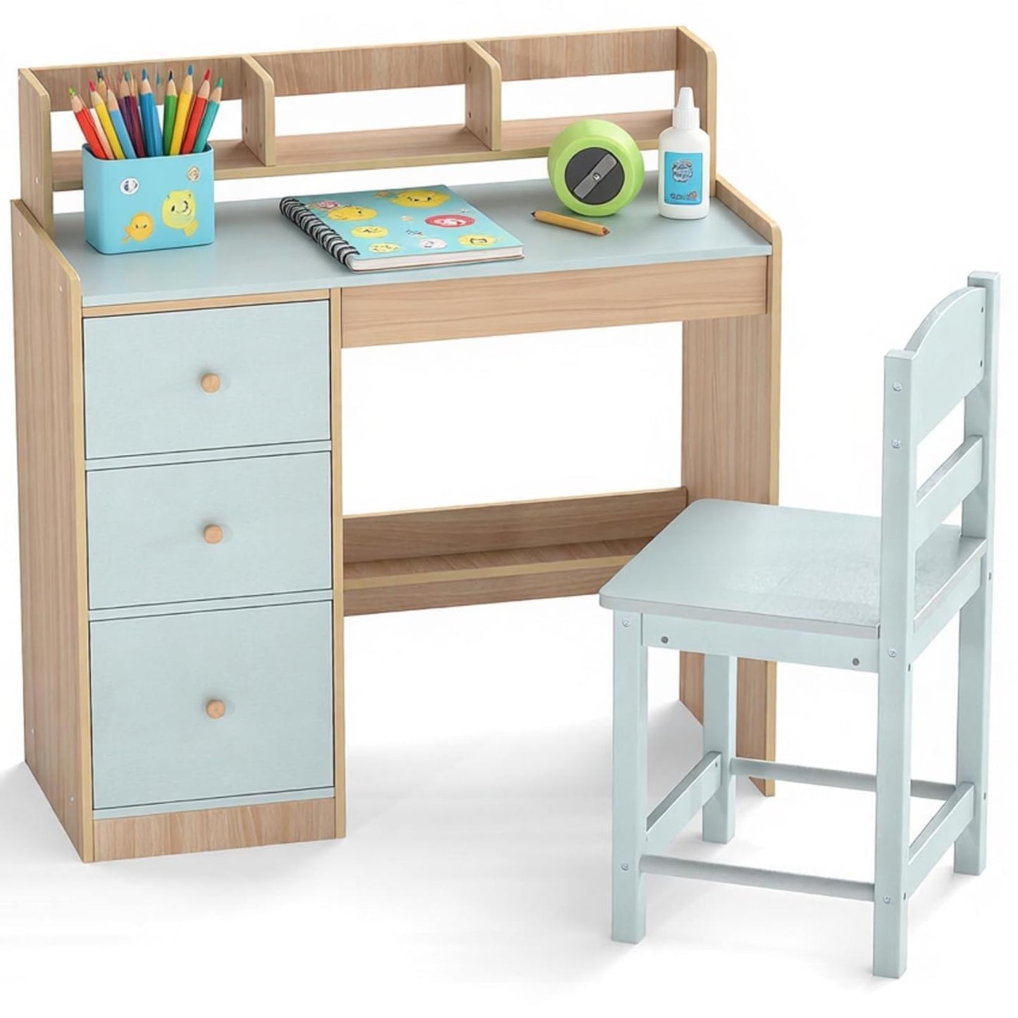 Kids Table and Chair Set, Wooden Children Desk and Chair with 3 Drawers