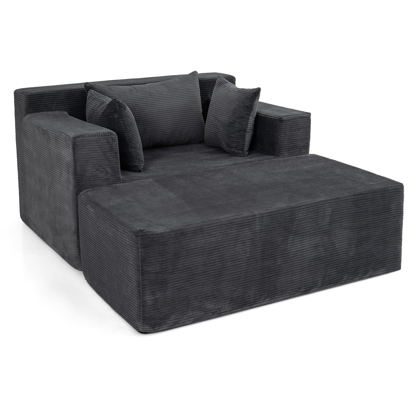 Single Floor Sofa Bed with Ottoman & 3 Pillows, Corduroy Chaise Lounge Chair Boneless Couch