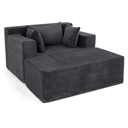Single Floor Sofa Bed with Ottoman & 3 Pillows, Corduroy Chaise Lounge Chair Boneless Couch