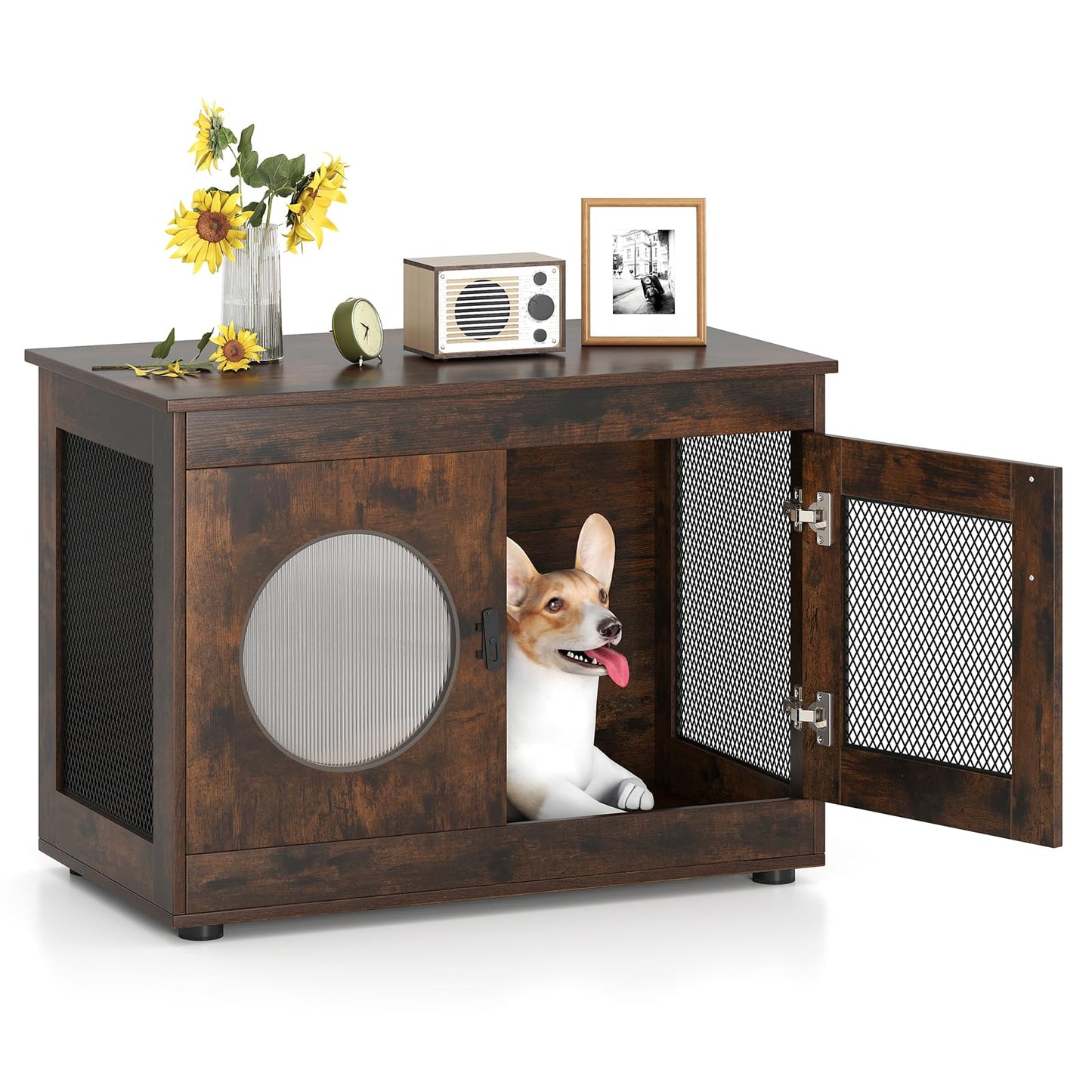 Dog Crate Furniture with Metal Mesh & Translucent Window for Small Medium Dogs