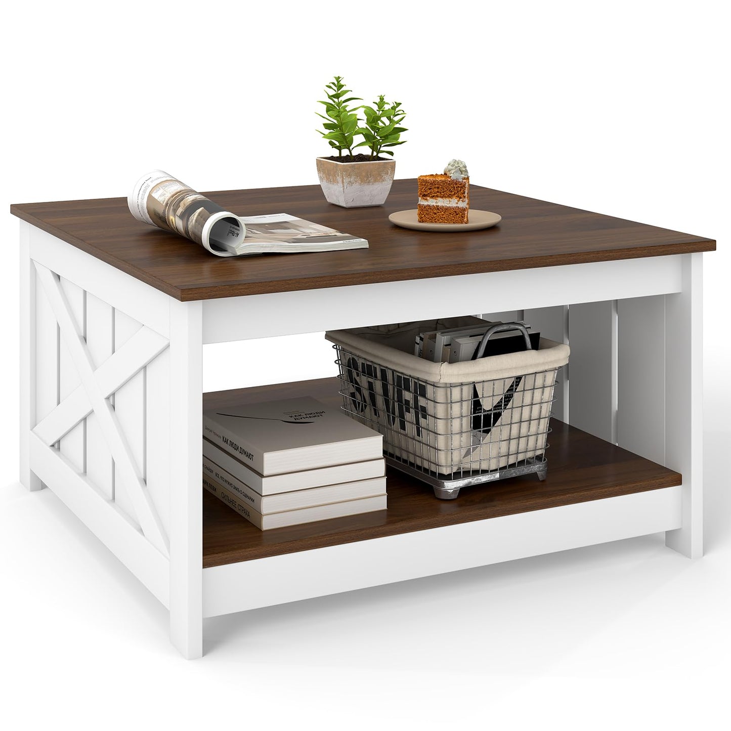 Farmhouse Coffee Table with Storage Shelf and Open Compartment