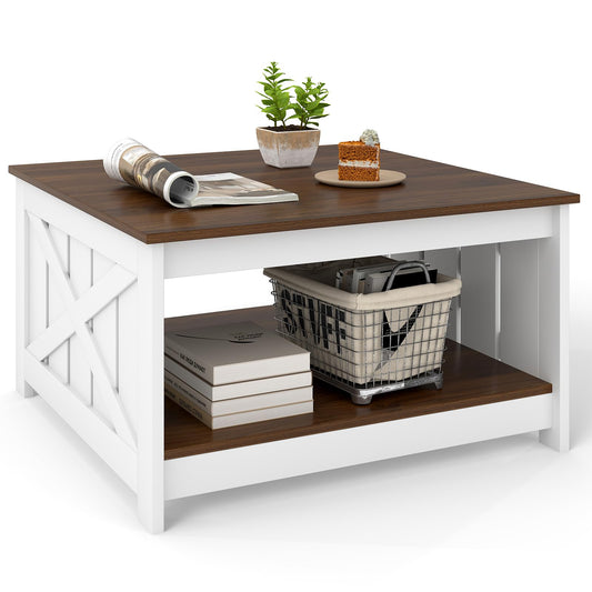 Farmhouse Coffee Table with Storage Shelf and Open Compartment